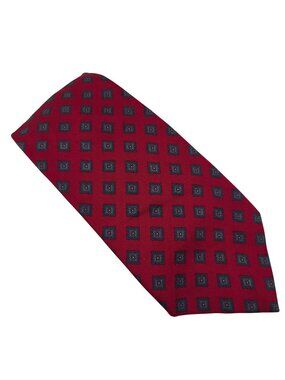 Club Room Tie Mens Silk Red Background Geometric Blue Square Medallion Pattern